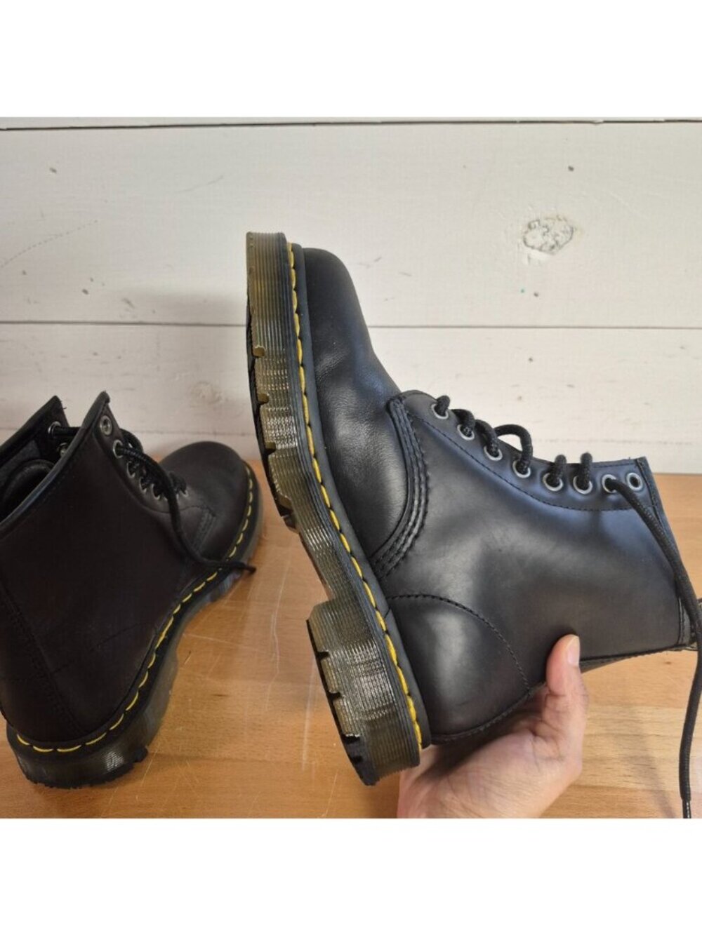 Dr. Martens Black Leather Lace-Up Boots With Yellow Stitching Size 6 US Women - Picture 4 of 6